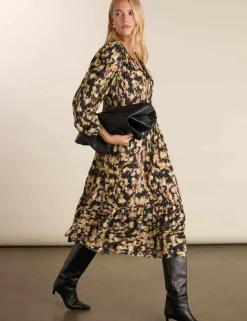 Printed Tie Neck Midi Tiered Dress