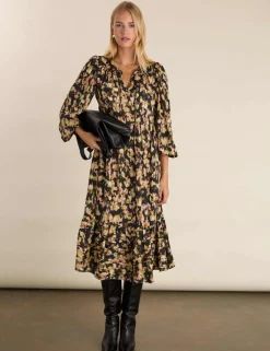 Printed Tie Neck Midi Tiered Dress