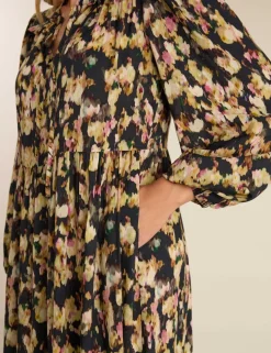 Printed Tie Neck Midi Tiered Dress