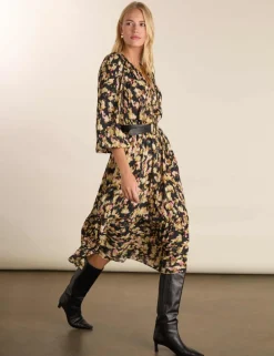 Printed Tie Neck Midi Tiered Dress
