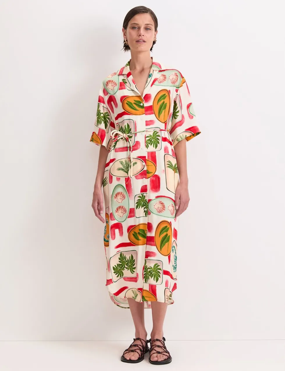 Printed Tie Waist Midi Shirt Dress