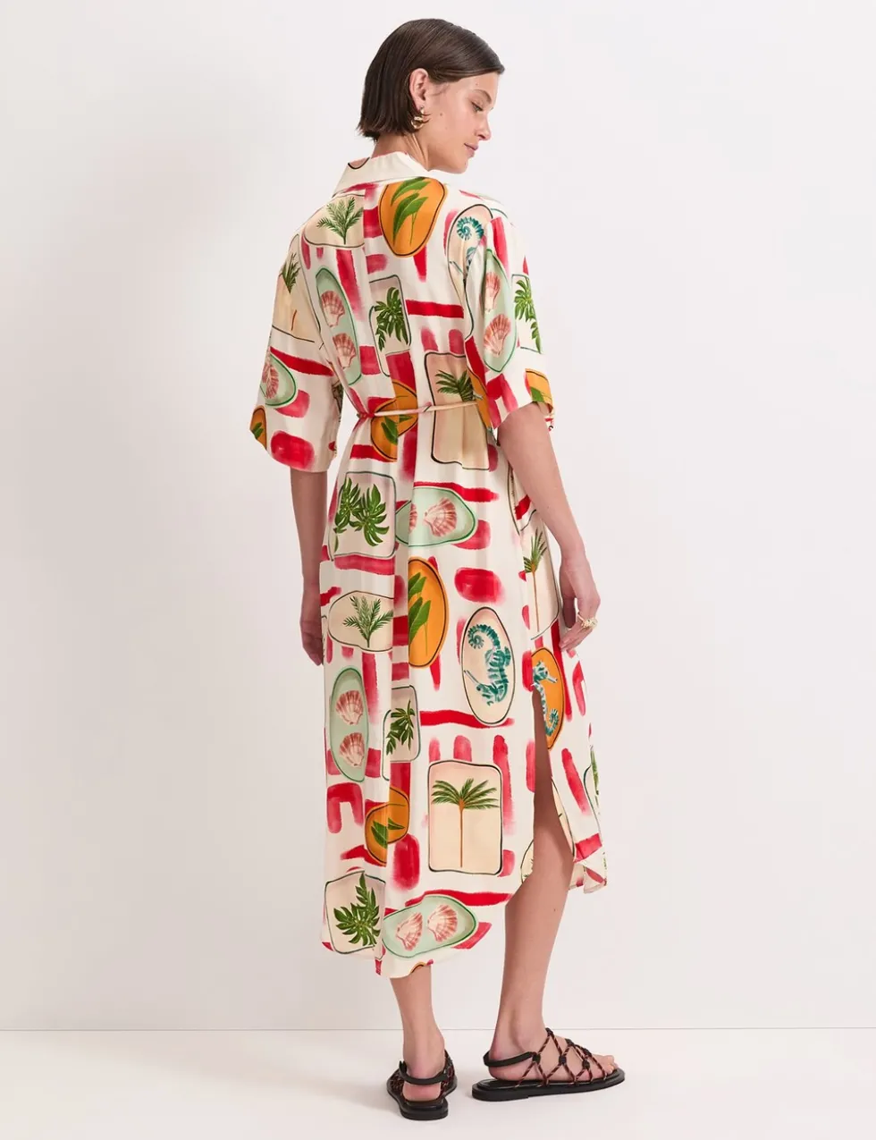Printed Tie Waist Midi Shirt Dress