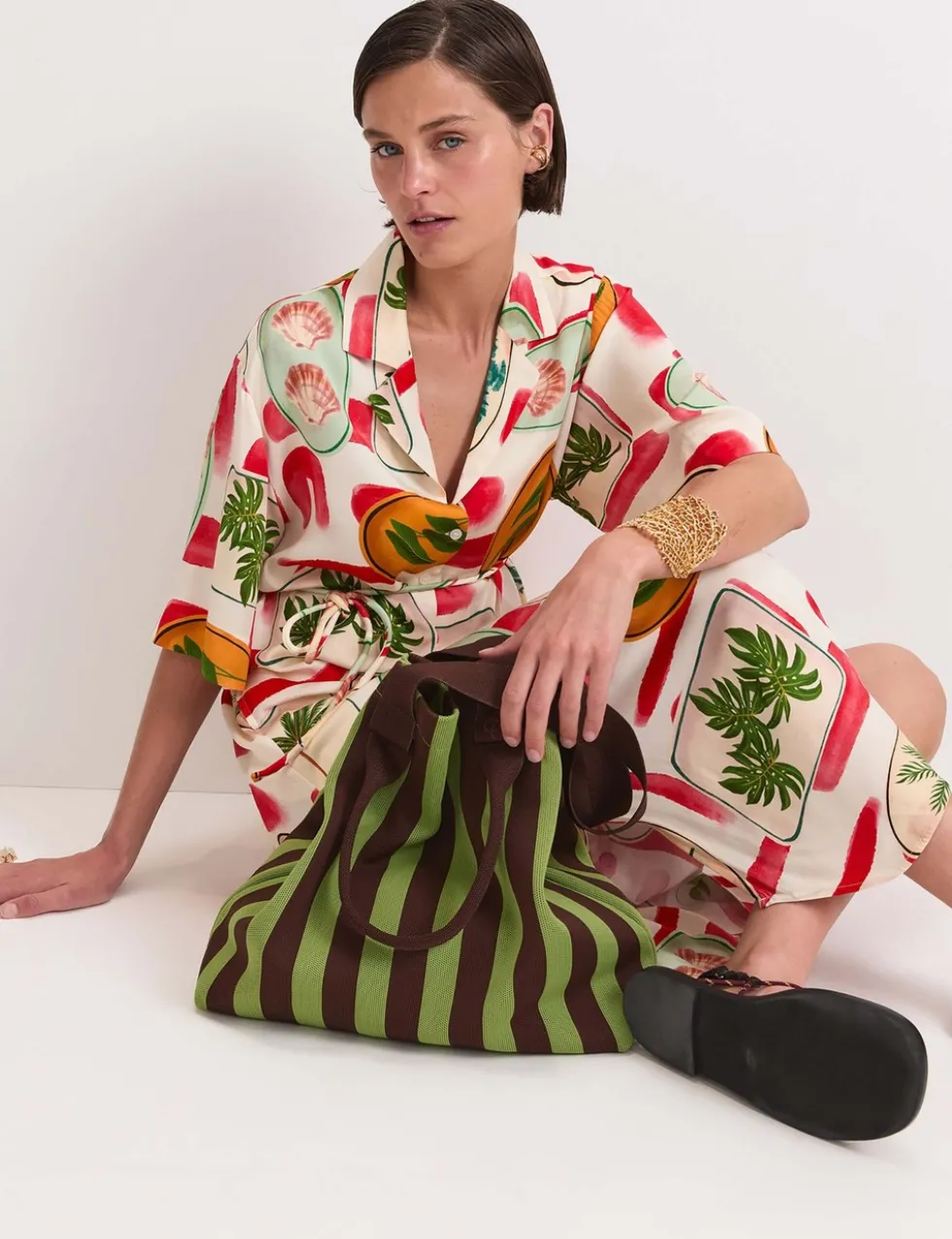 Printed Tie Waist Midi Shirt Dress