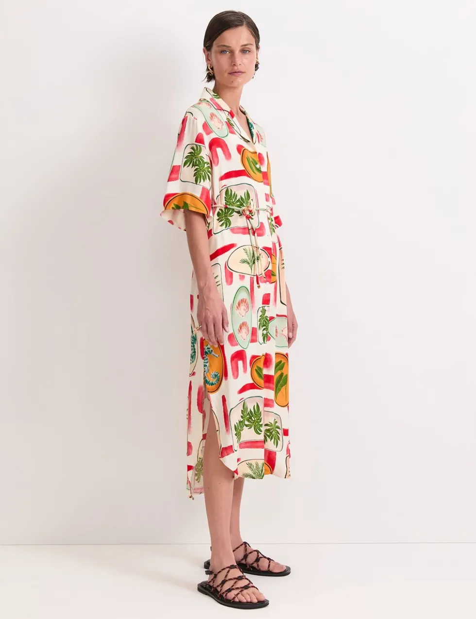 Printed Tie Waist Midi Shirt Dress