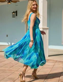 Printed V-Neck Belted Midi Skater Dress
