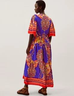 Printed V-Neck Maxi Waisted Dress