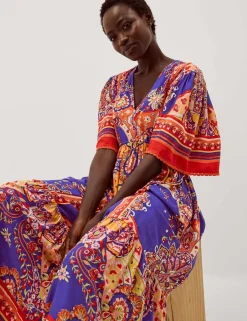 Printed V-Neck Maxi Waisted Dress