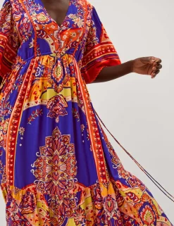 Printed V-Neck Maxi Waisted Dress