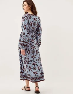 Printed V-Neck Maxi Waisted Dress