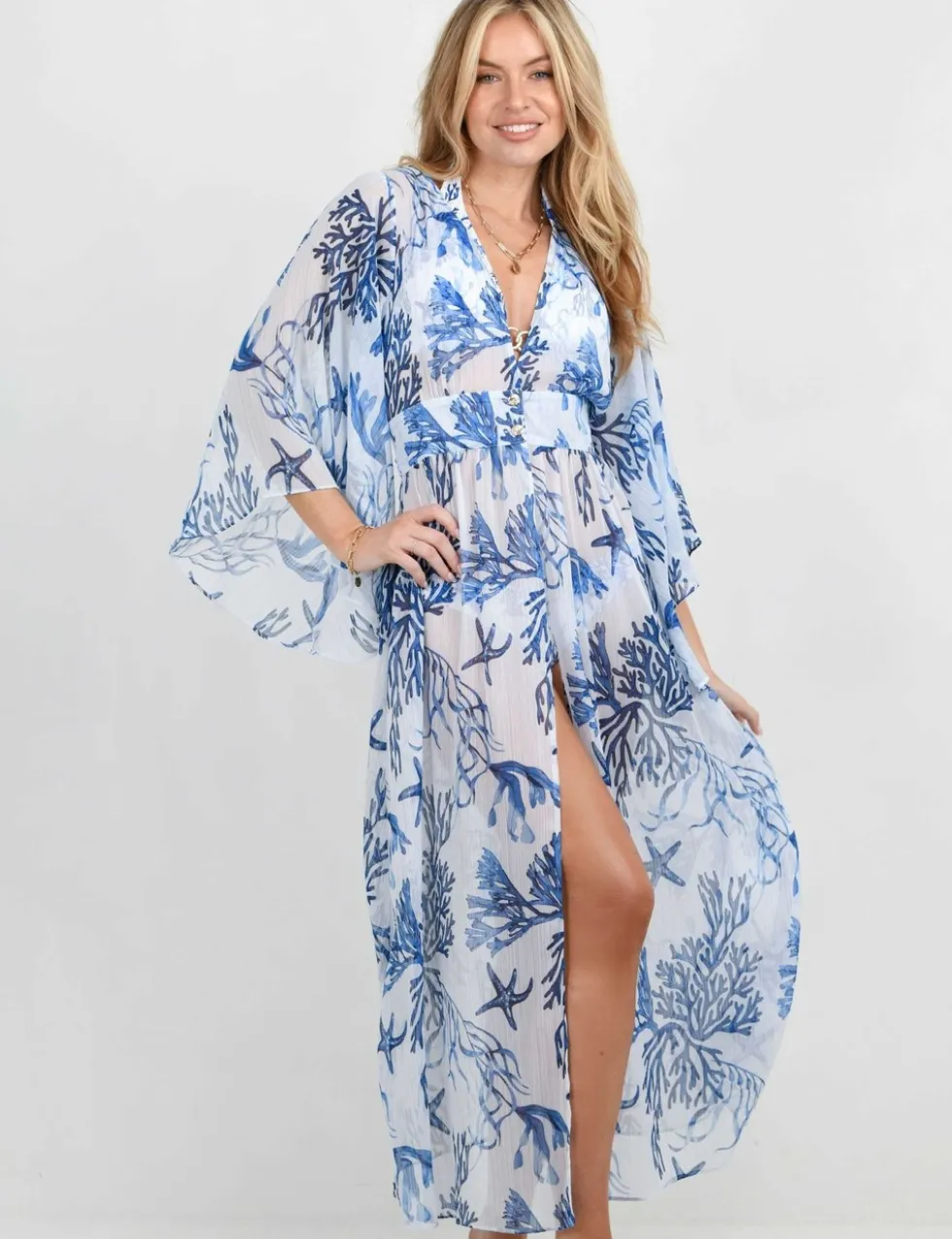 Printed V-Neck Midaxi Kaftan Beach Dress