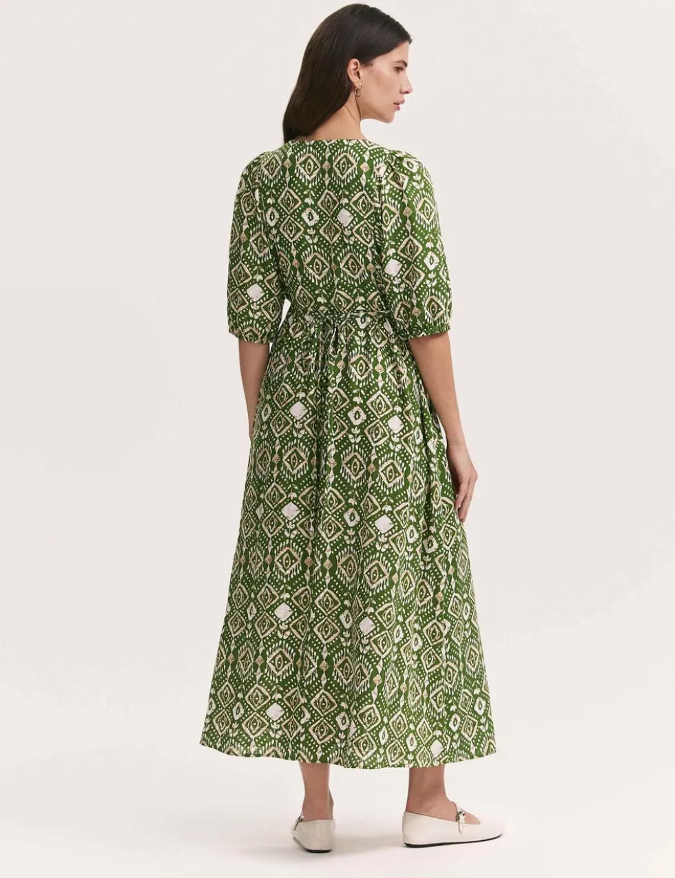 Printed V-Neck Midaxi Smock Dress with Linen