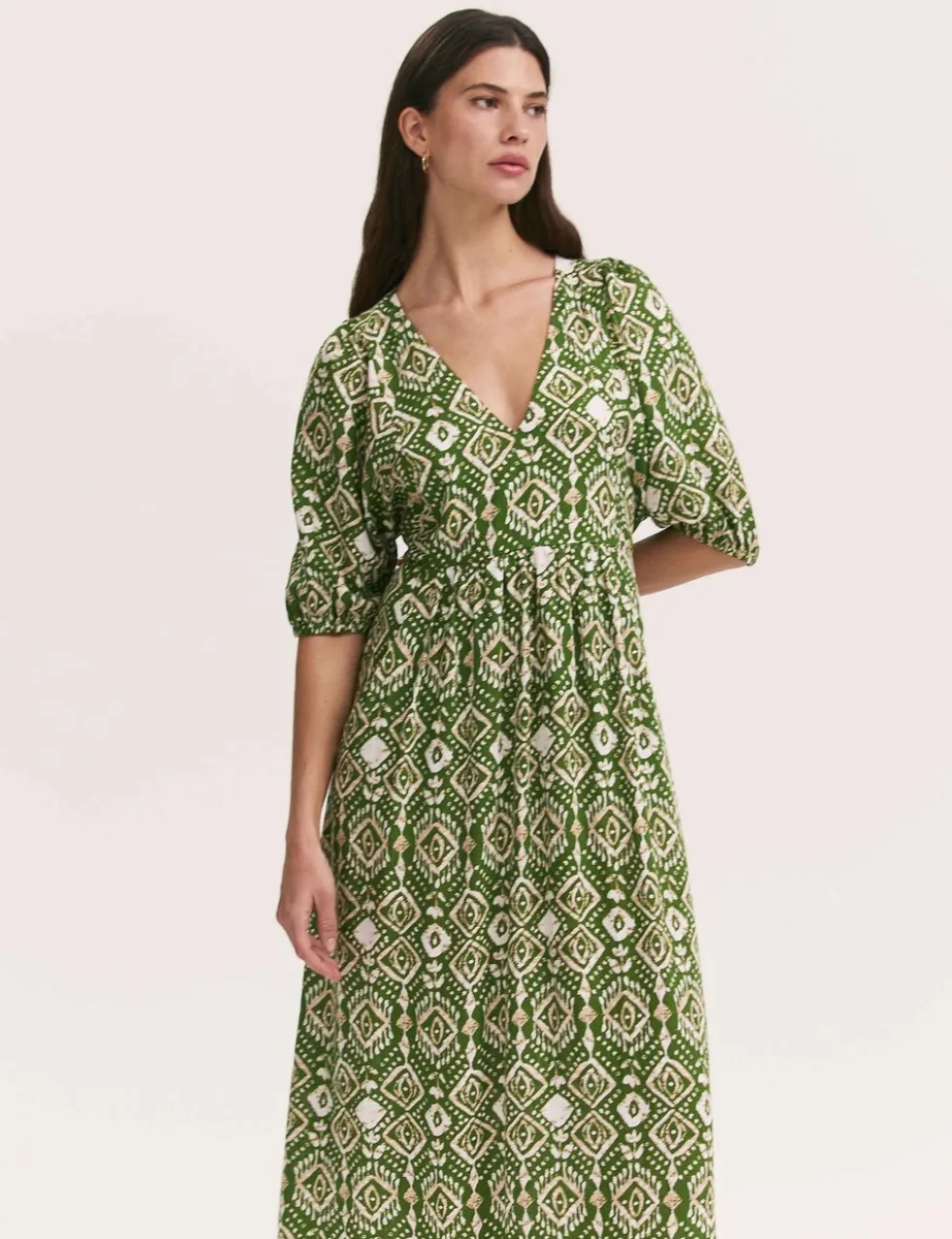 Printed V-Neck Midaxi Smock Dress with Linen