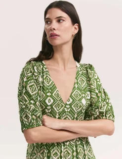 Printed V-Neck Midaxi Smock Dress with Linen