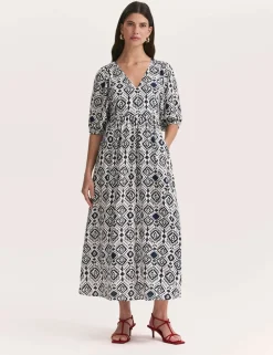 Printed V-Neck Midaxi Smock Dress with Linen
