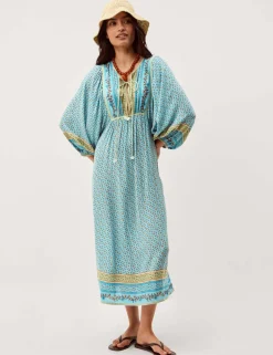 Printed V-Neck Midi Kaftan Dress