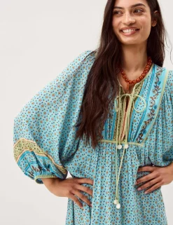 Printed V-Neck Midi Kaftan Dress