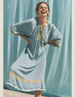 Printed V-Neck Midi Kaftan Dress