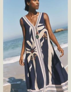Printed V-Neck Midi Kaftan Dress