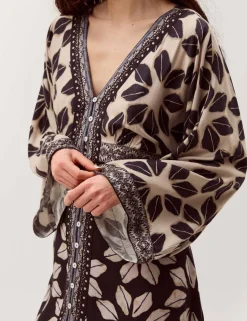 Printed V-Neck Midi Kaftan Dress