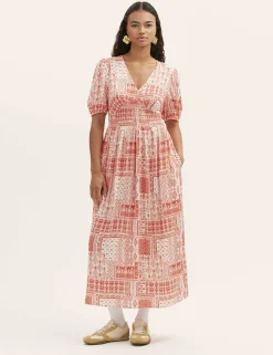 Printed V-Neck Midi Smock Dress