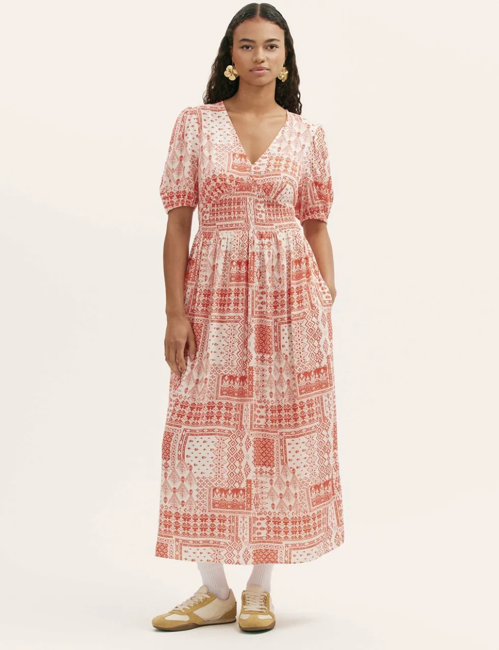 Printed V-Neck Midi Smock Dress