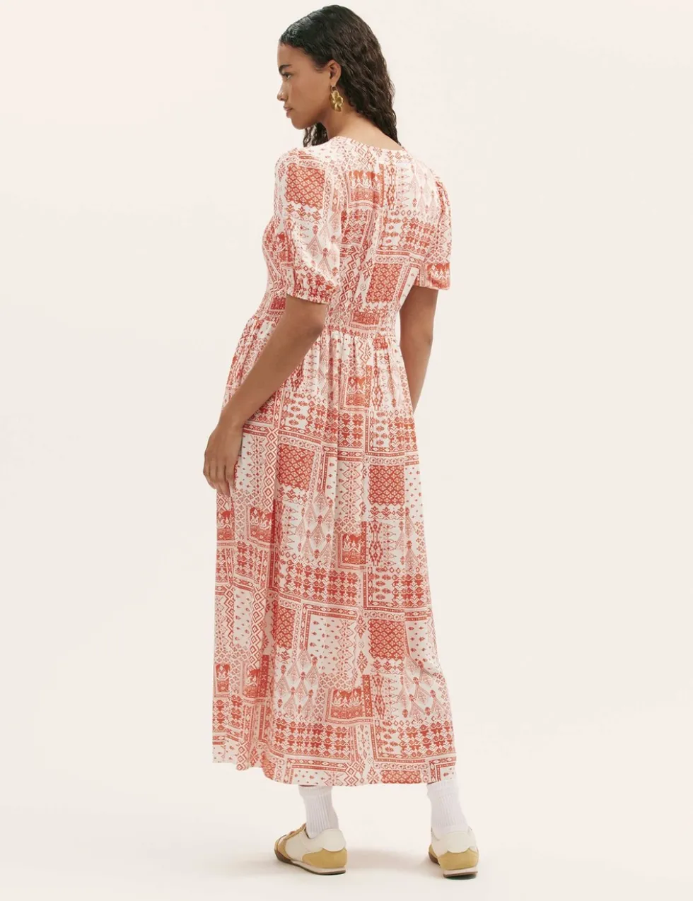 Printed V-Neck Midi Smock Dress