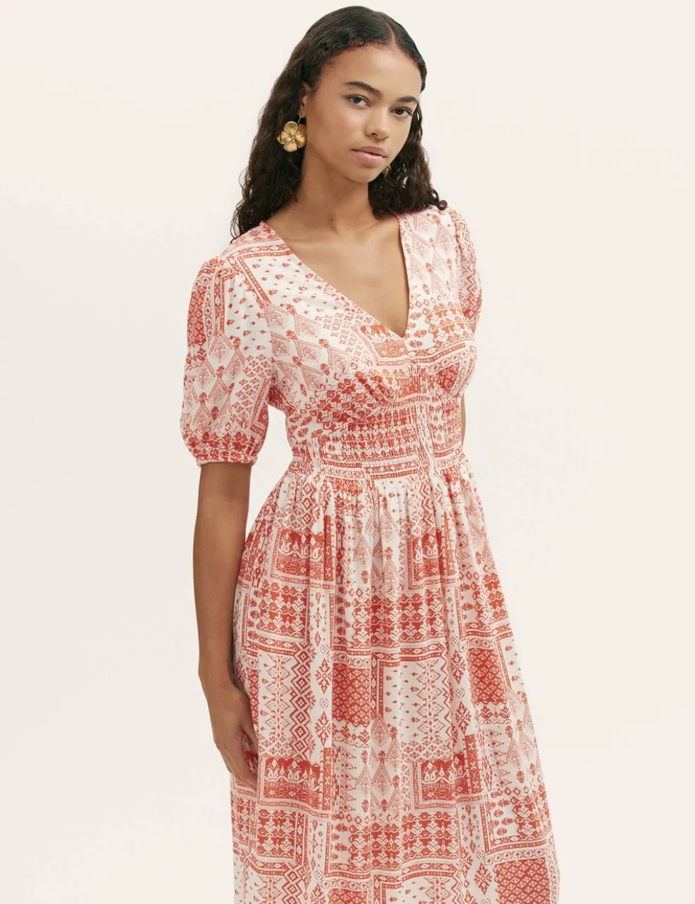 Printed V-Neck Midi Smock Dress