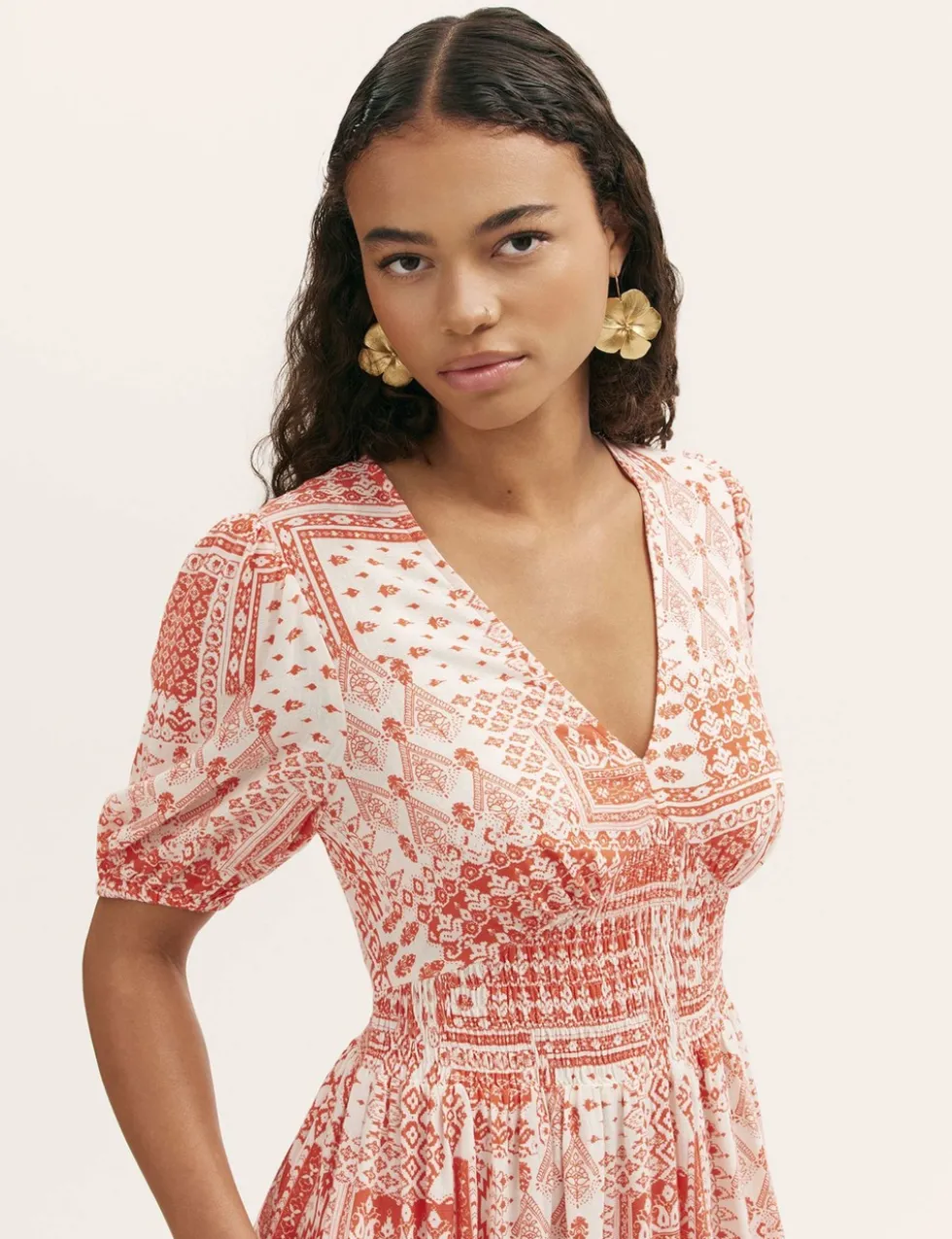 Printed V-Neck Midi Smock Dress