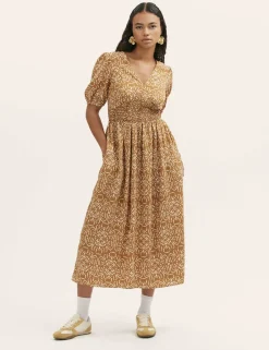 Printed V-Neck Midi Smock Dress