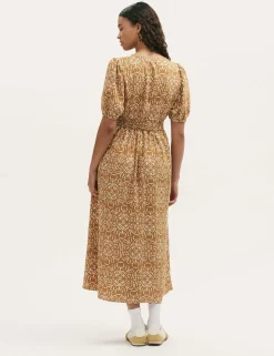 Printed V-Neck Midi Smock Dress