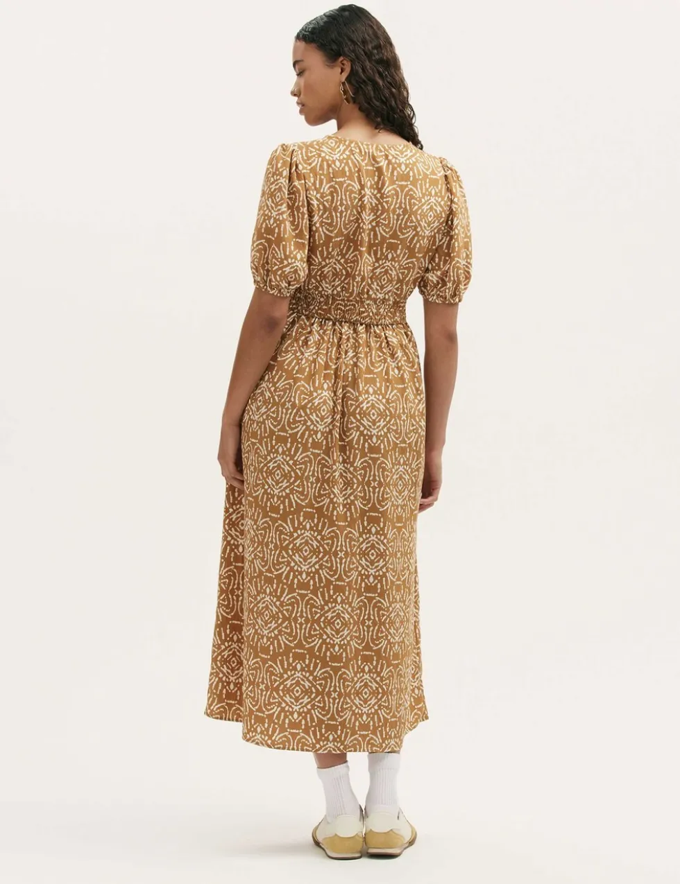 Printed V-Neck Midi Smock Dress