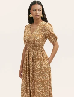 Printed V-Neck Midi Smock Dress