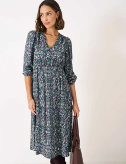 Printed V-Neck Midi Tea Dress