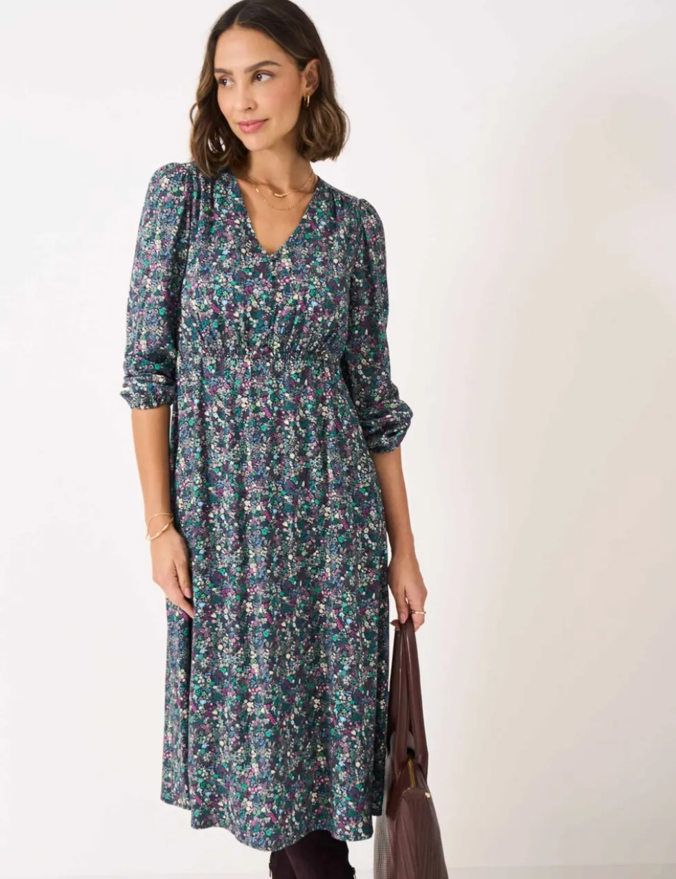 Printed V-Neck Midi Tea Dress