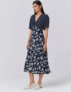 Printed V-Neck Midi Tea Dress