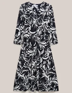 Printed V-Neck Midi Waisted Dress