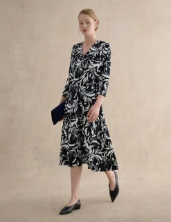 Printed V-Neck Midi Waisted Dress