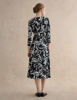 Printed V-Neck Midi Waisted Dress