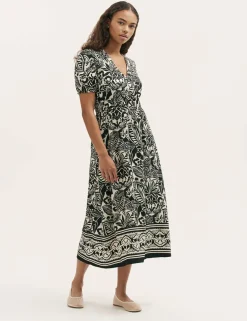 Printed V-Neck Midi Waisted Dress