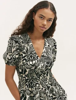 Printed V-Neck Midi Waisted Dress
