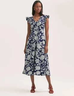 Printed V-Neck Ruffle Midi Tea Dress