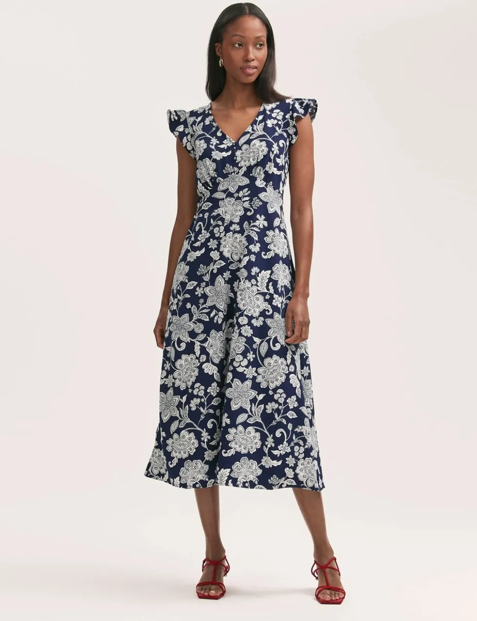 Printed V-Neck Ruffle Midi Tea Dress