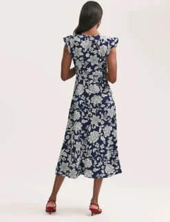 Printed V-Neck Ruffle Midi Tea Dress