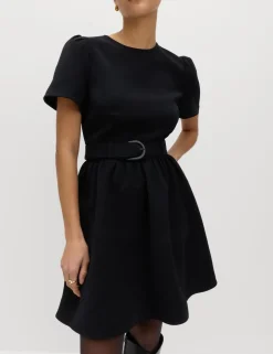Puff Sleeve Belted Mini Skater Dress