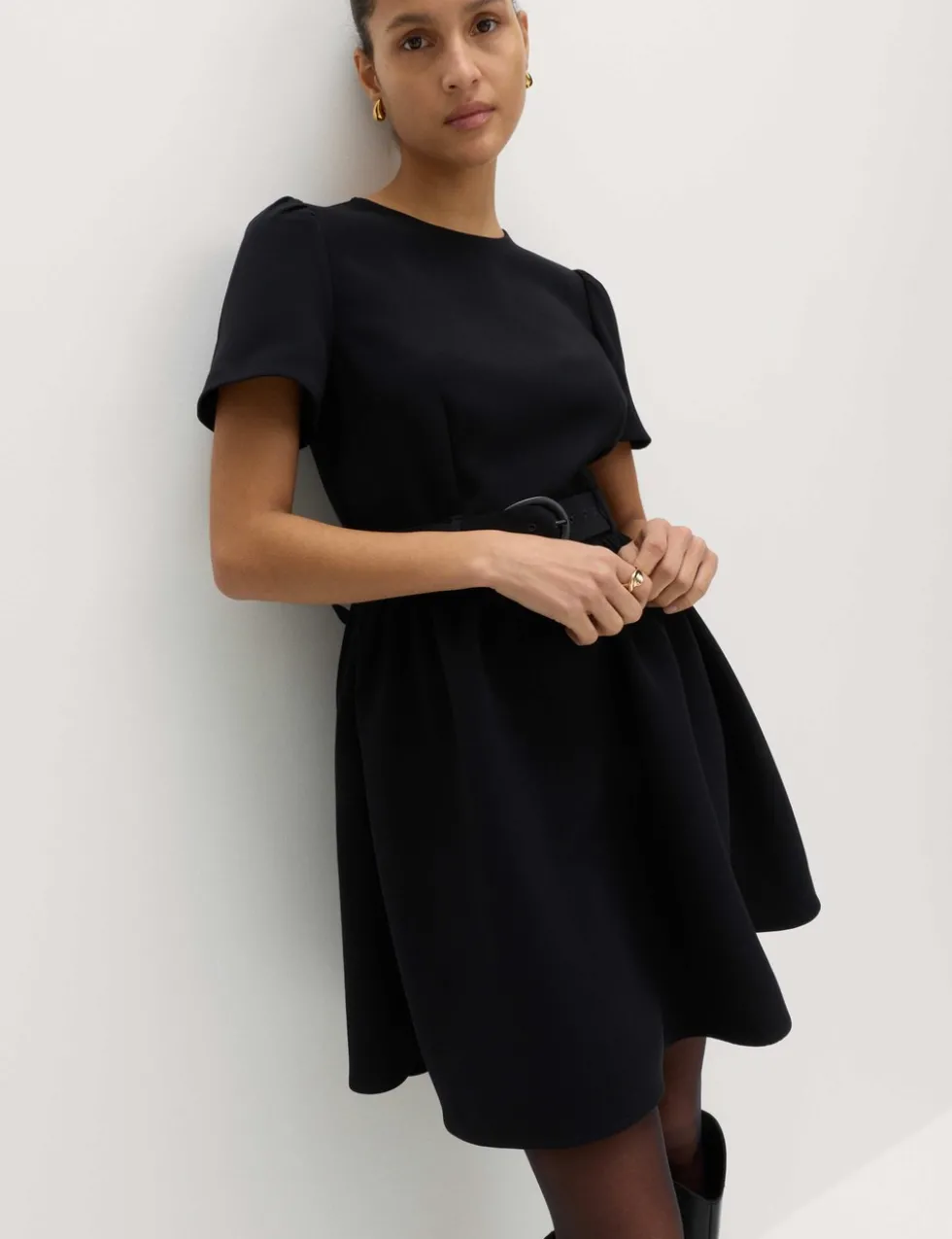 Puff Sleeve Belted Mini Skater Dress