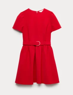 Puff Sleeve Belted Mini Skater Dress