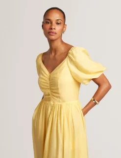 Puff Sleeve Ruched Midi Waisted Dress
