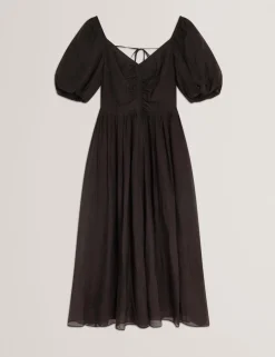 Puff Sleeve Ruched Midi Waisted Dress