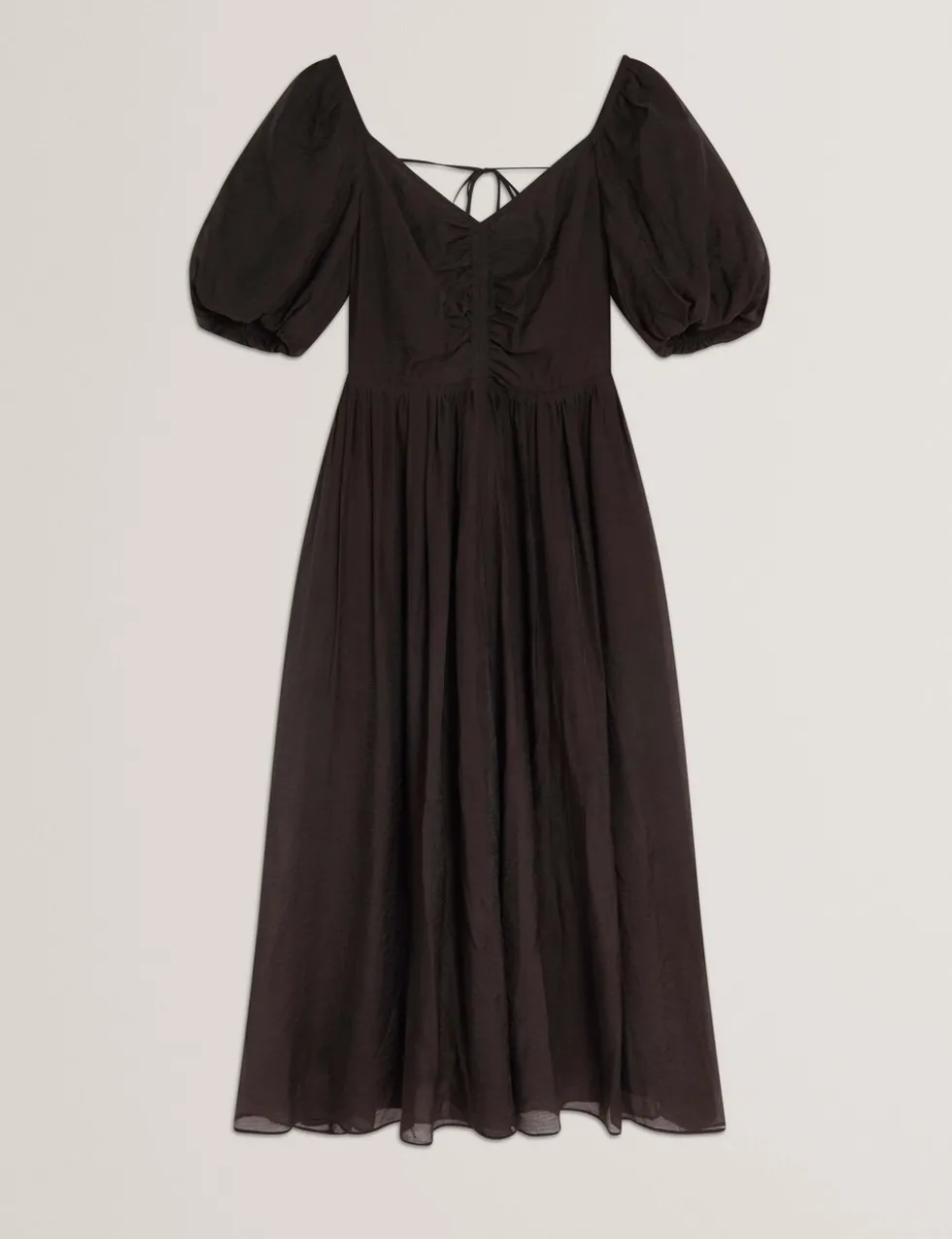 Puff Sleeve Ruched Midi Waisted Dress