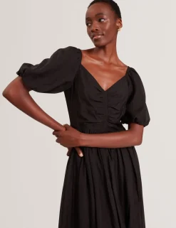 Puff Sleeve Ruched Midi Waisted Dress
